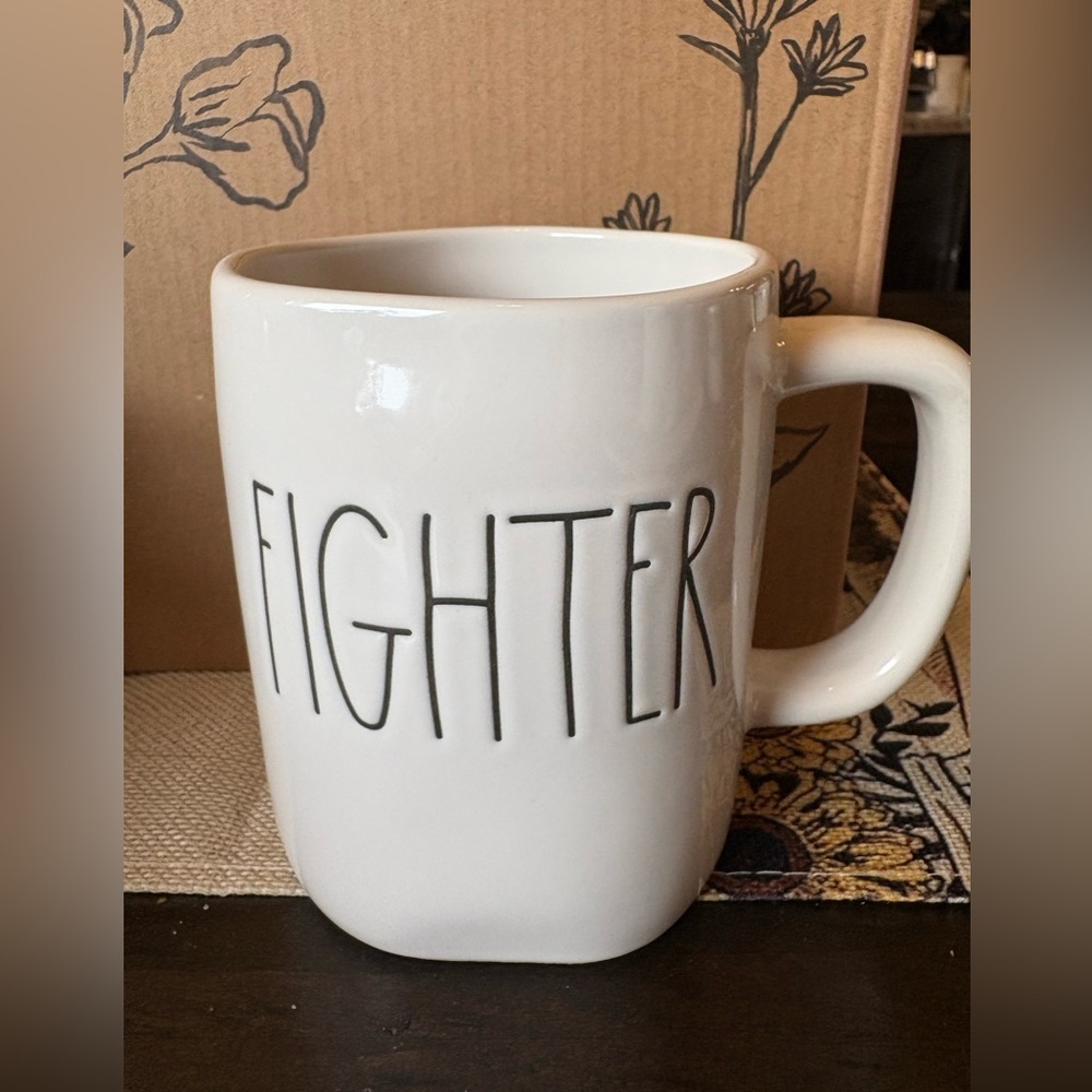 Rae Dunn White Ceramic Mug with 'Fighter' Text